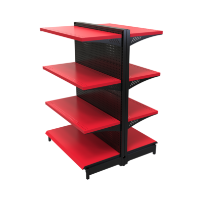 Gondola perimetral comercial rojo con negro doble vista